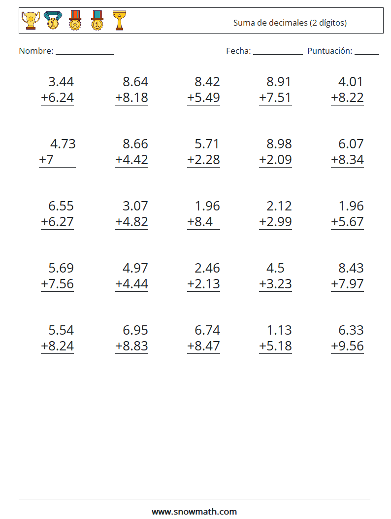 (25) Suma de decimales (2 dígitos) Hojas de trabajo de matemáticas 2