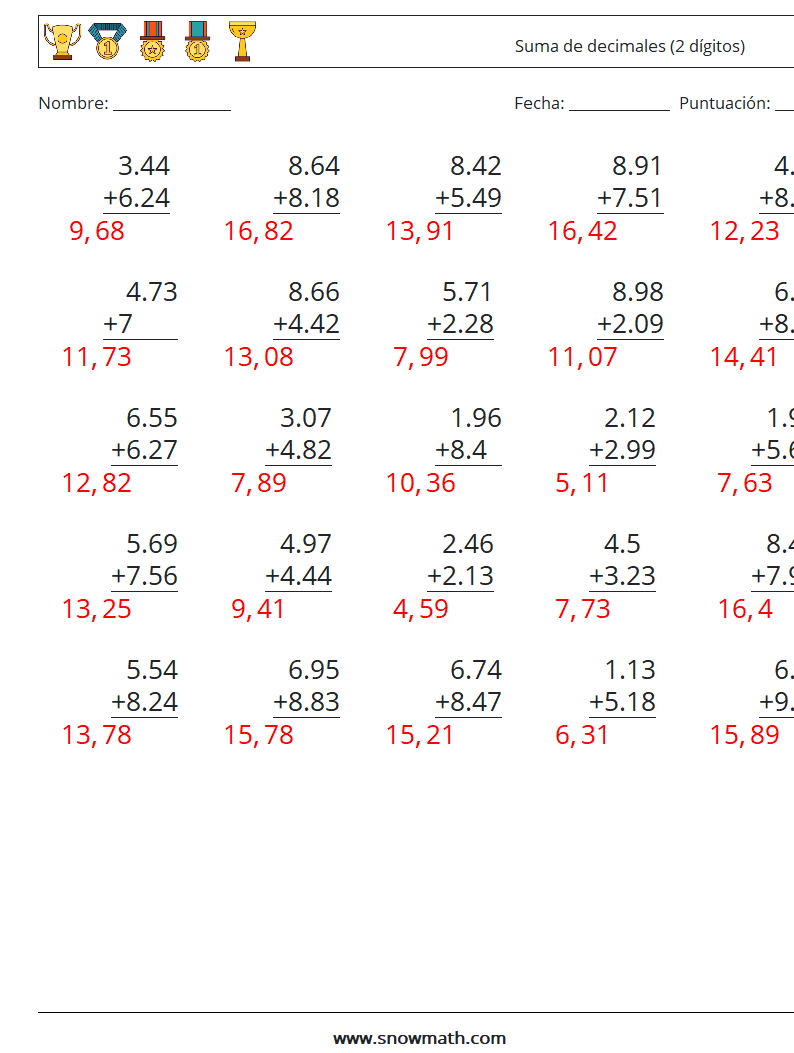 (25) Suma de decimales (2 dígitos) Hojas de trabajo de matemáticas 2 Pregunta, respuesta