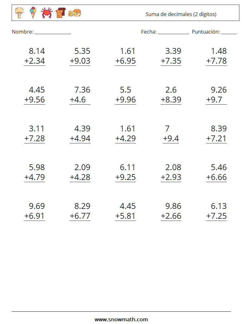 (25) Suma de decimales (2 dígitos) Hojas de trabajo de matemáticas 3