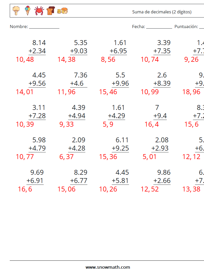 (25) Suma de decimales (2 dígitos) Hojas de trabajo de matemáticas 3 Pregunta, respuesta