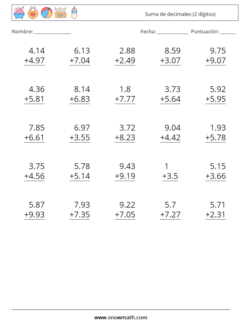 (25) Suma de decimales (2 dígitos) Hojas de trabajo de matemáticas 4