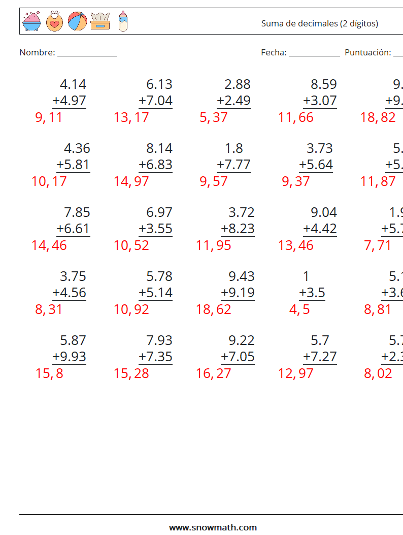 (25) Suma de decimales (2 dígitos) Hojas de trabajo de matemáticas 4 Pregunta, respuesta