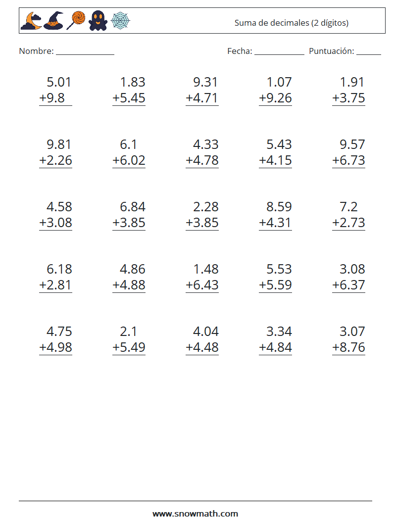 (25) Suma de decimales (2 dígitos) Hojas de trabajo de matemáticas 5