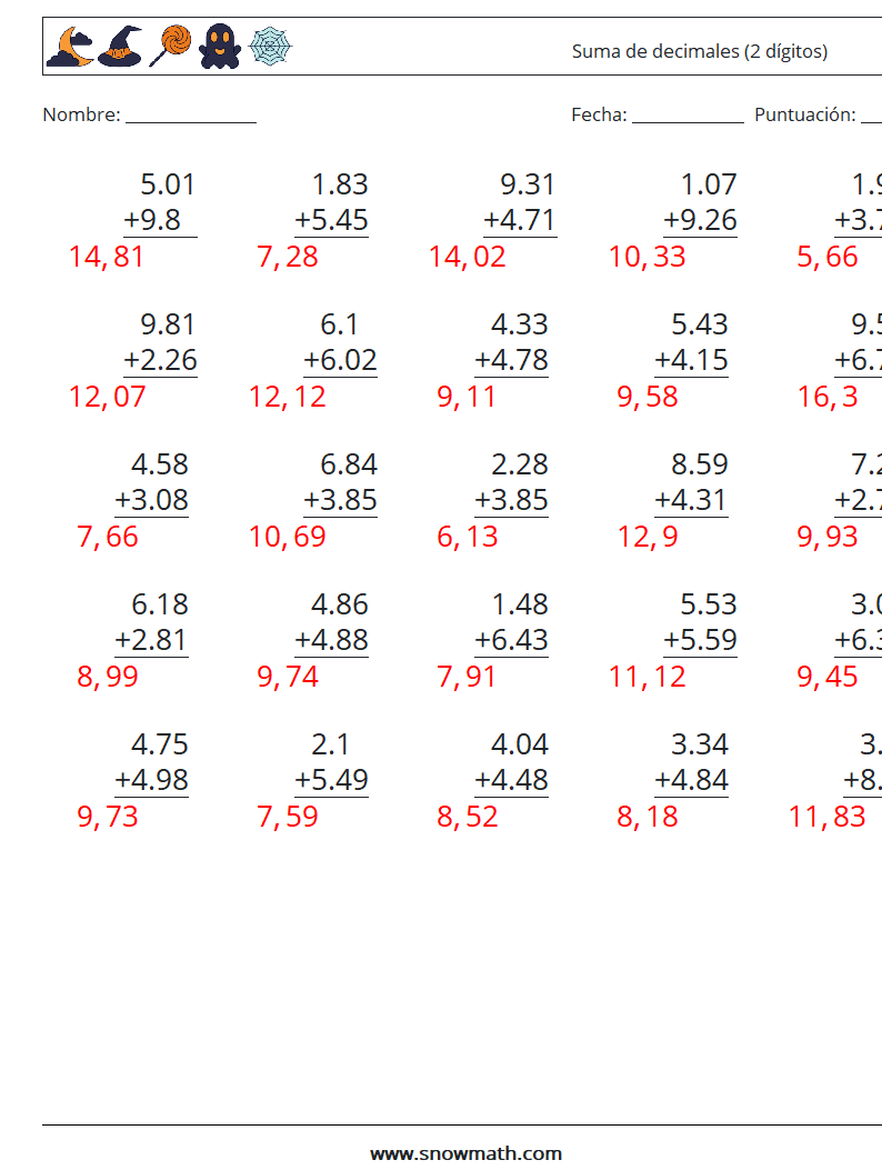 (25) Suma de decimales (2 dígitos) Hojas de trabajo de matemáticas 5 Pregunta, respuesta