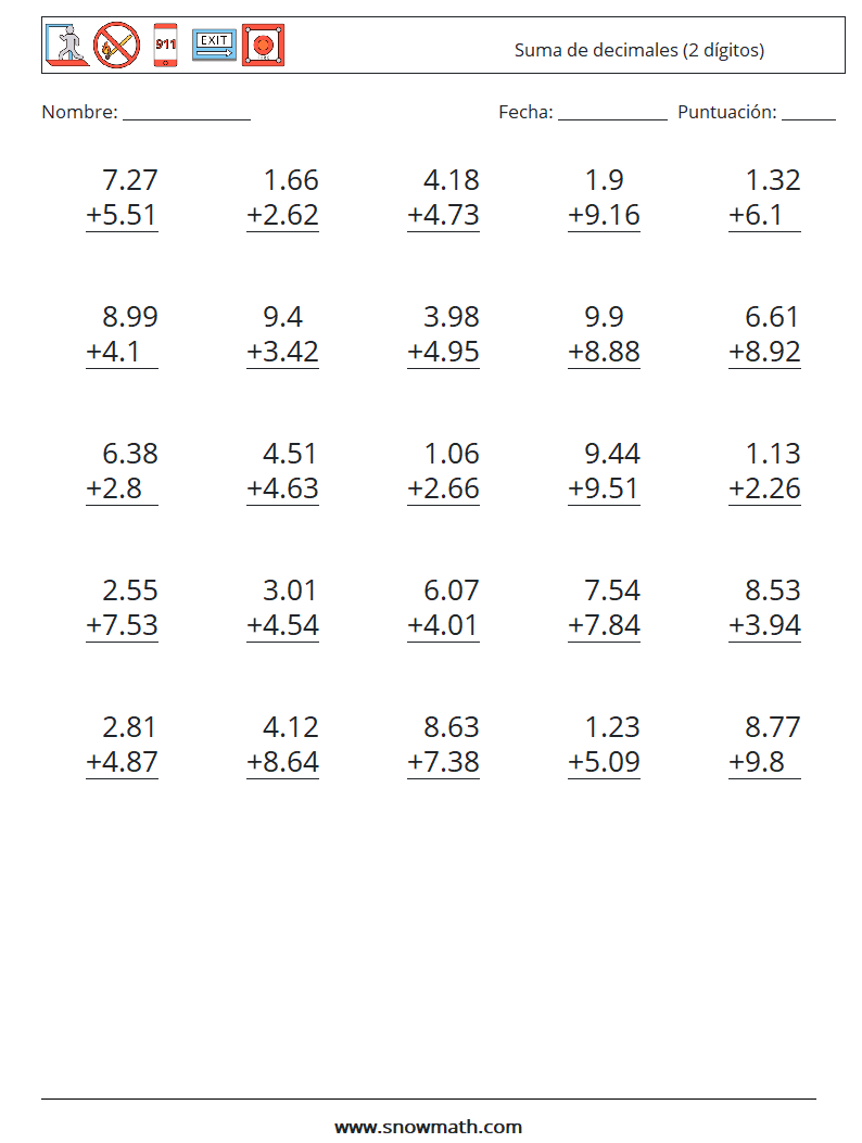 (25) Suma de decimales (2 dígitos) Hojas de trabajo de matemáticas 6