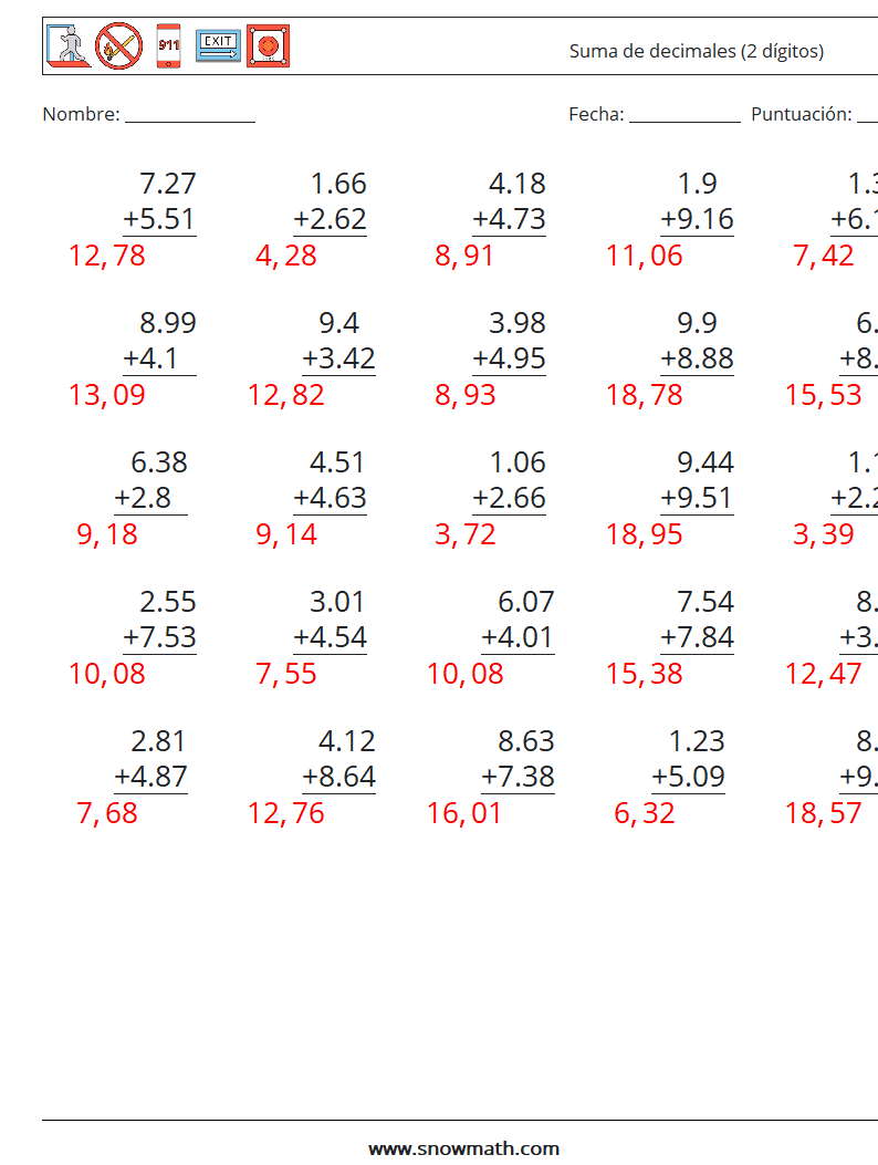 (25) Suma de decimales (2 dígitos) Hojas de trabajo de matemáticas 6 Pregunta, respuesta