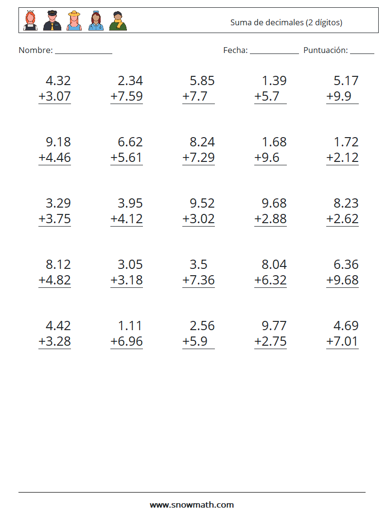 (25) Suma de decimales (2 dígitos) Hojas de trabajo de matemáticas 7