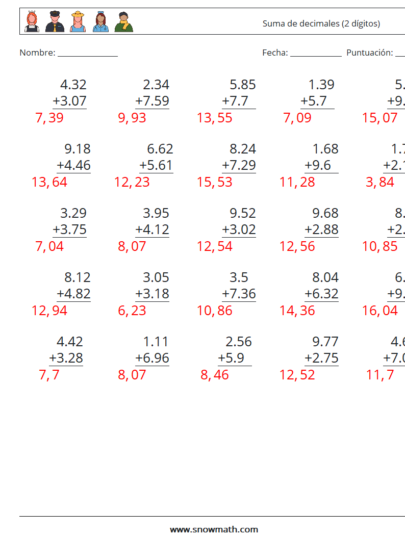 (25) Suma de decimales (2 dígitos) Hojas de trabajo de matemáticas 7 Pregunta, respuesta