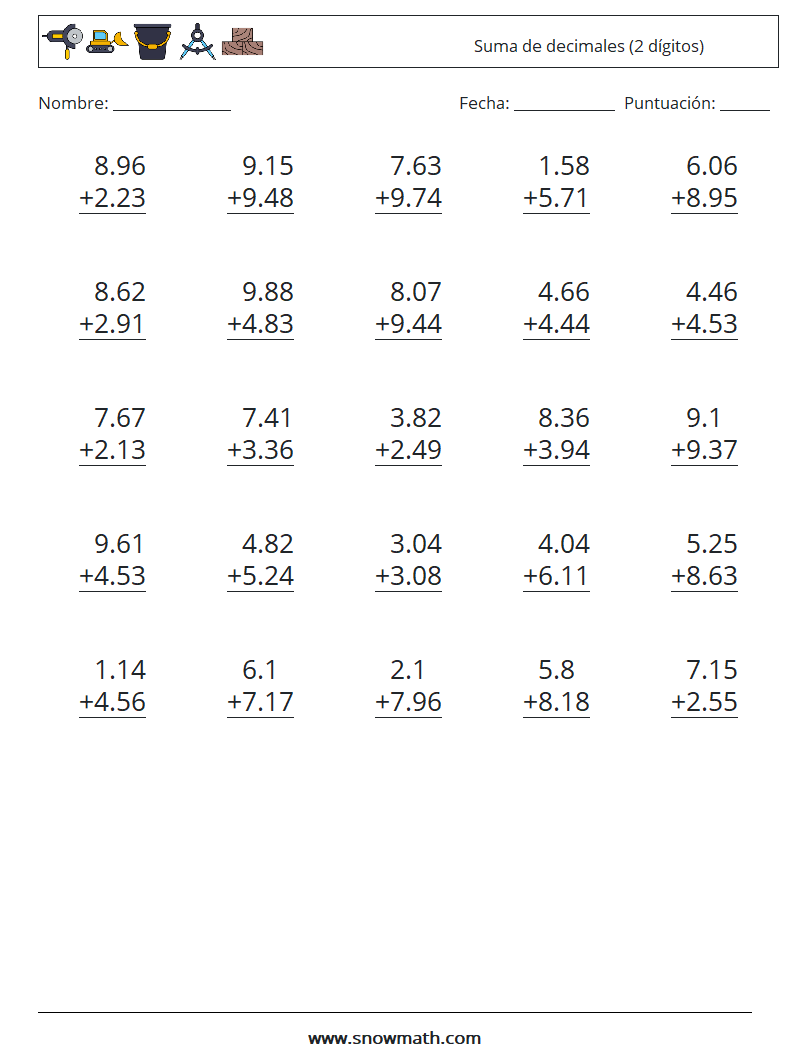 (25) Suma de decimales (2 dígitos) Hojas de trabajo de matemáticas 8