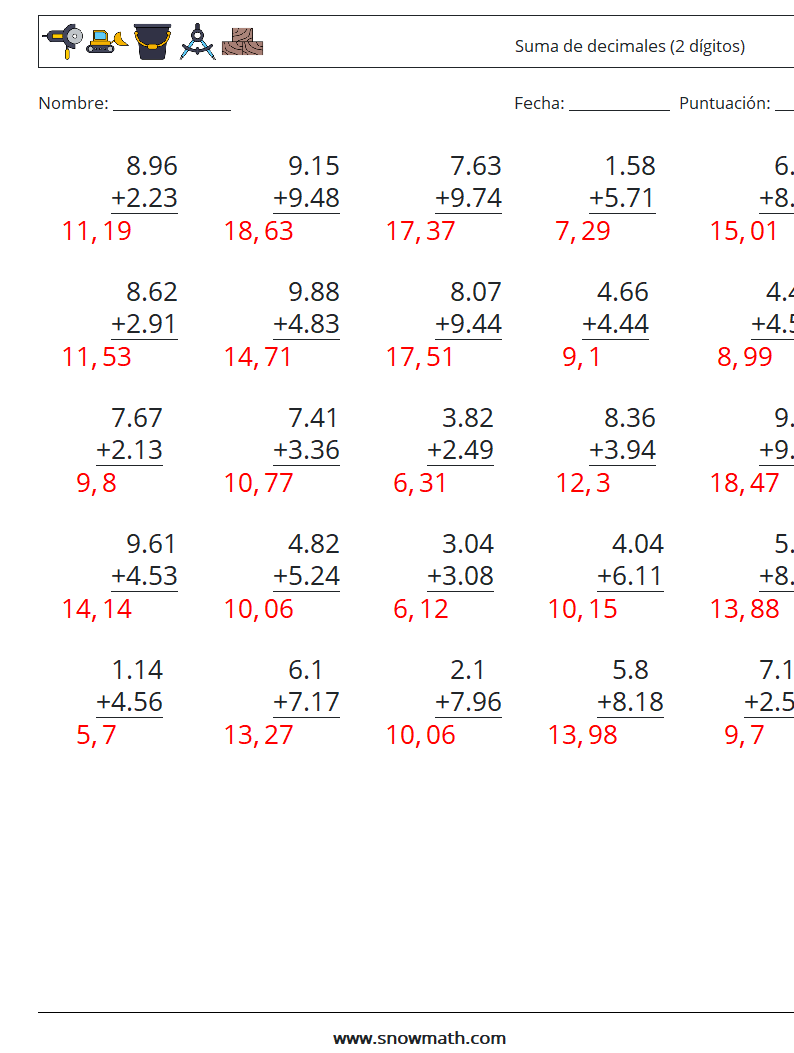 (25) Suma de decimales (2 dígitos) Hojas de trabajo de matemáticas 8 Pregunta, respuesta