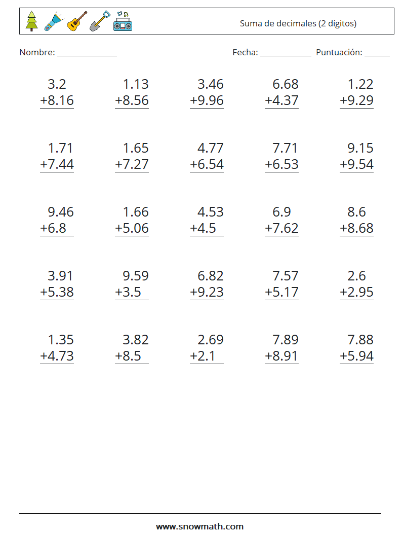 (25) Suma de decimales (2 dígitos) Hojas de trabajo de matemáticas 9