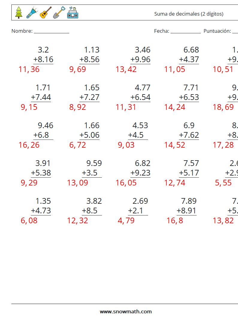 (25) Suma de decimales (2 dígitos) Hojas de trabajo de matemáticas 9 Pregunta, respuesta