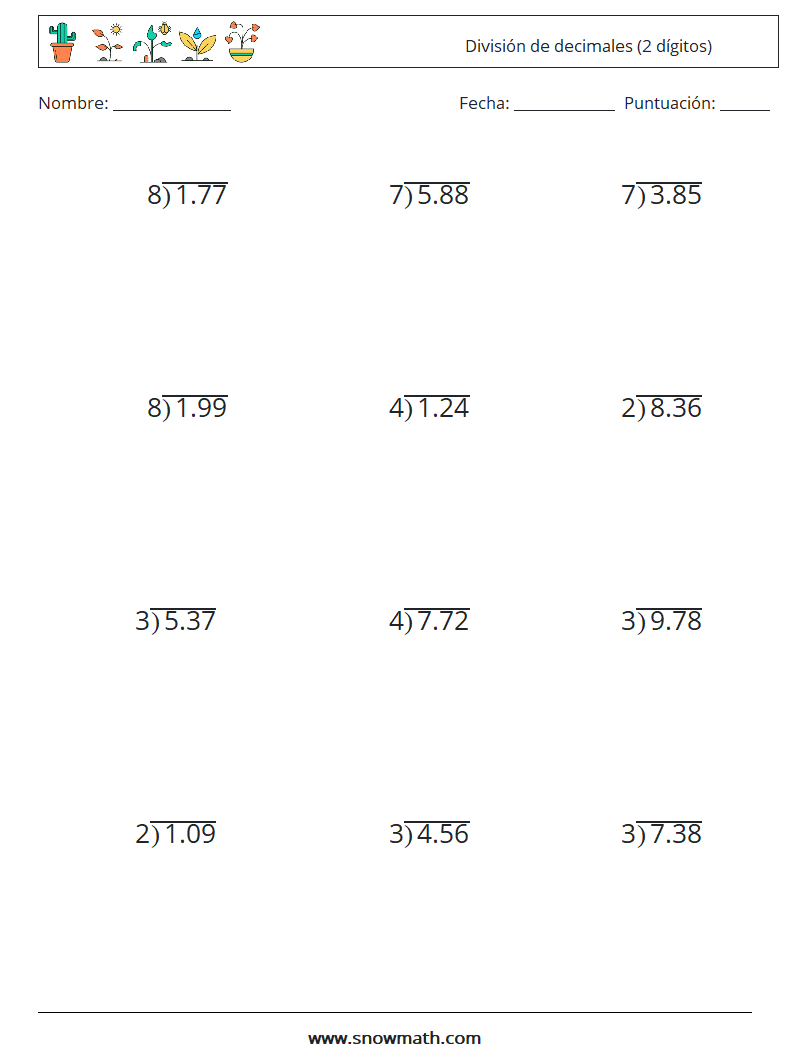 (12) División de decimales (2 dígitos) Hojas de trabajo de matemáticas 1