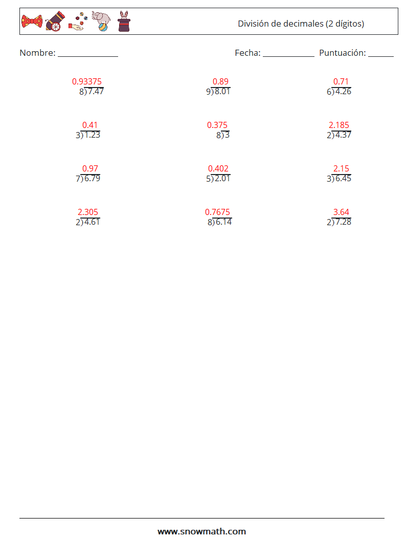 (12) División de decimales (2 dígitos) Hojas de trabajo de matemáticas 10 Pregunta, respuesta