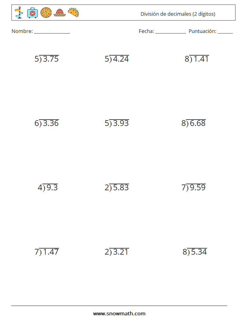 (12) División de decimales (2 dígitos) Hojas de trabajo de matemáticas 11