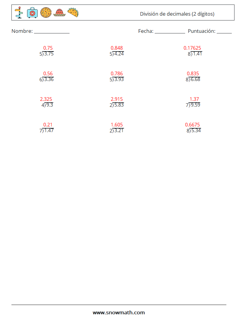 (12) División de decimales (2 dígitos) Hojas de trabajo de matemáticas 11 Pregunta, respuesta