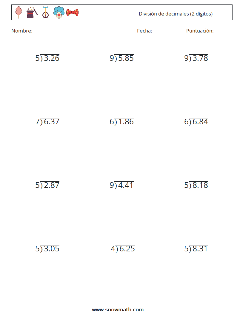 (12) División de decimales (2 dígitos) Hojas de trabajo de matemáticas 12