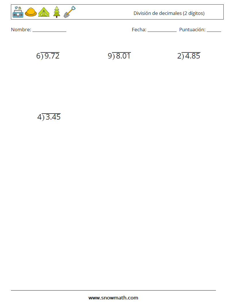 (12) División de decimales (2 dígitos) Hojas de trabajo de matemáticas 13