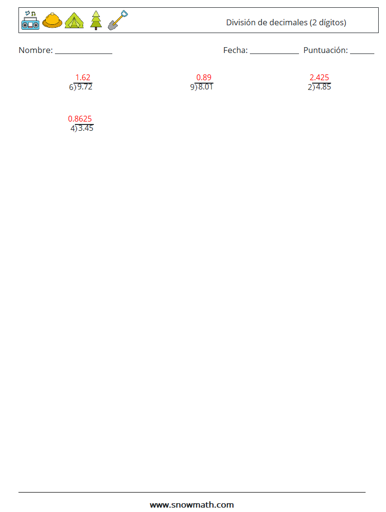 (12) División de decimales (2 dígitos) Hojas de trabajo de matemáticas 13 Pregunta, respuesta