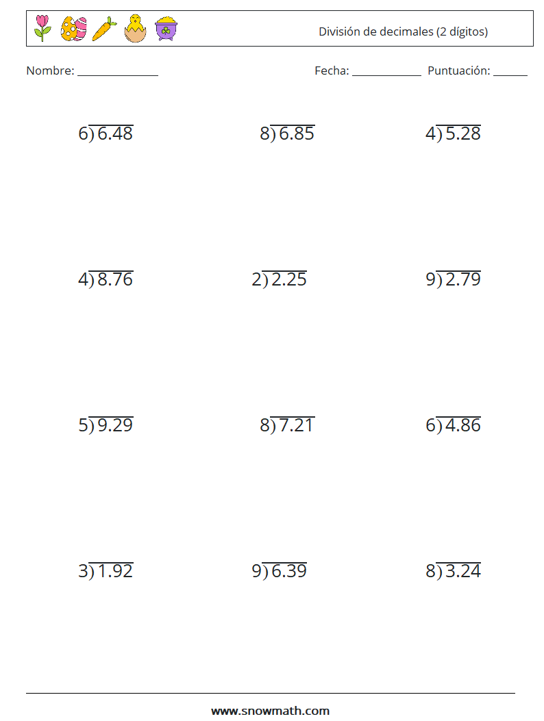 (12) División de decimales (2 dígitos) Hojas de trabajo de matemáticas 14