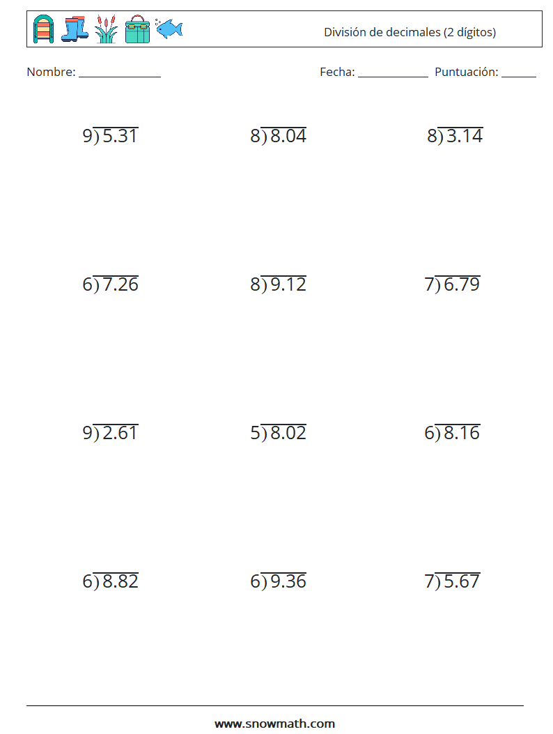 (12) División de decimales (2 dígitos) Hojas de trabajo de matemáticas 16