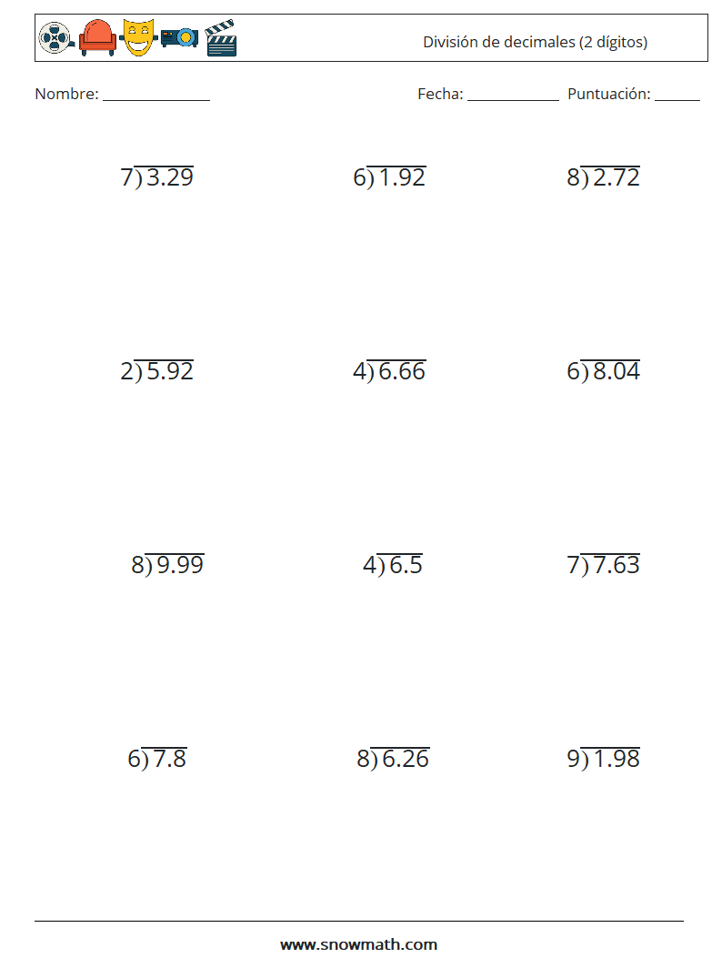 (12) División de decimales (2 dígitos) Hojas de trabajo de matemáticas 17