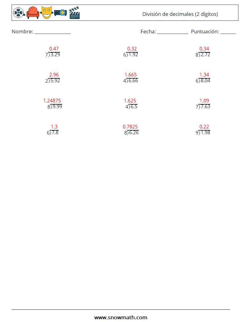 (12) División de decimales (2 dígitos) Hojas de trabajo de matemáticas 17 Pregunta, respuesta