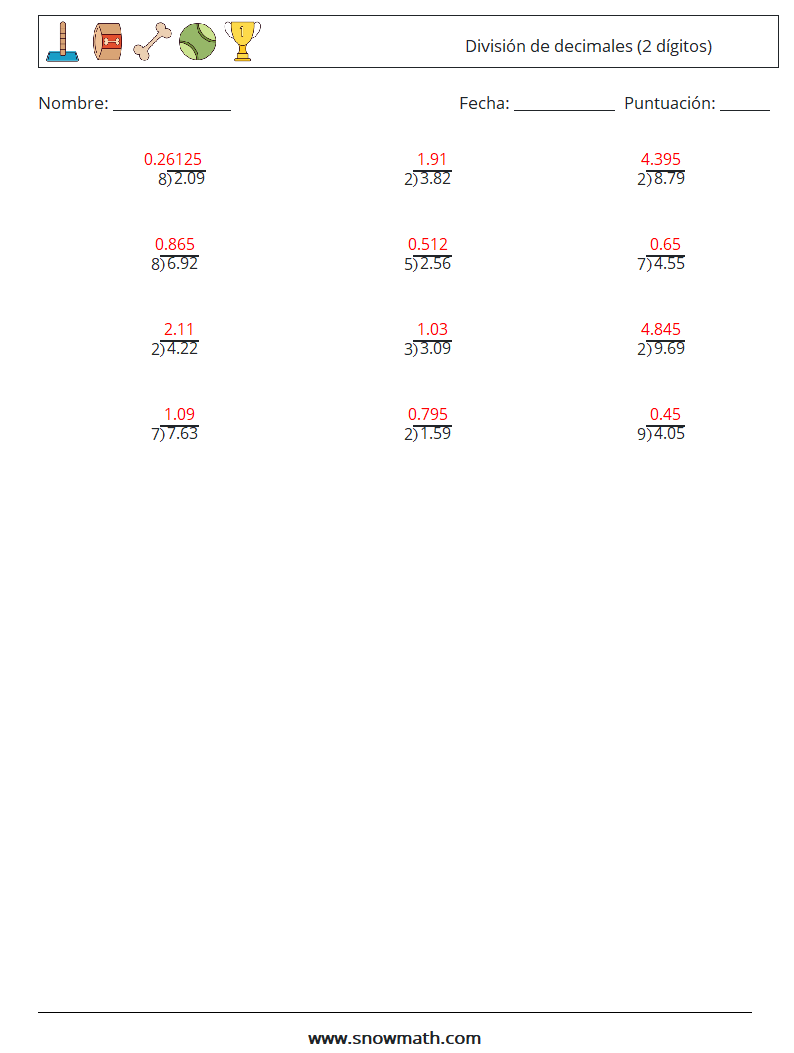 (12) División de decimales (2 dígitos) Hojas de trabajo de matemáticas 18 Pregunta, respuesta