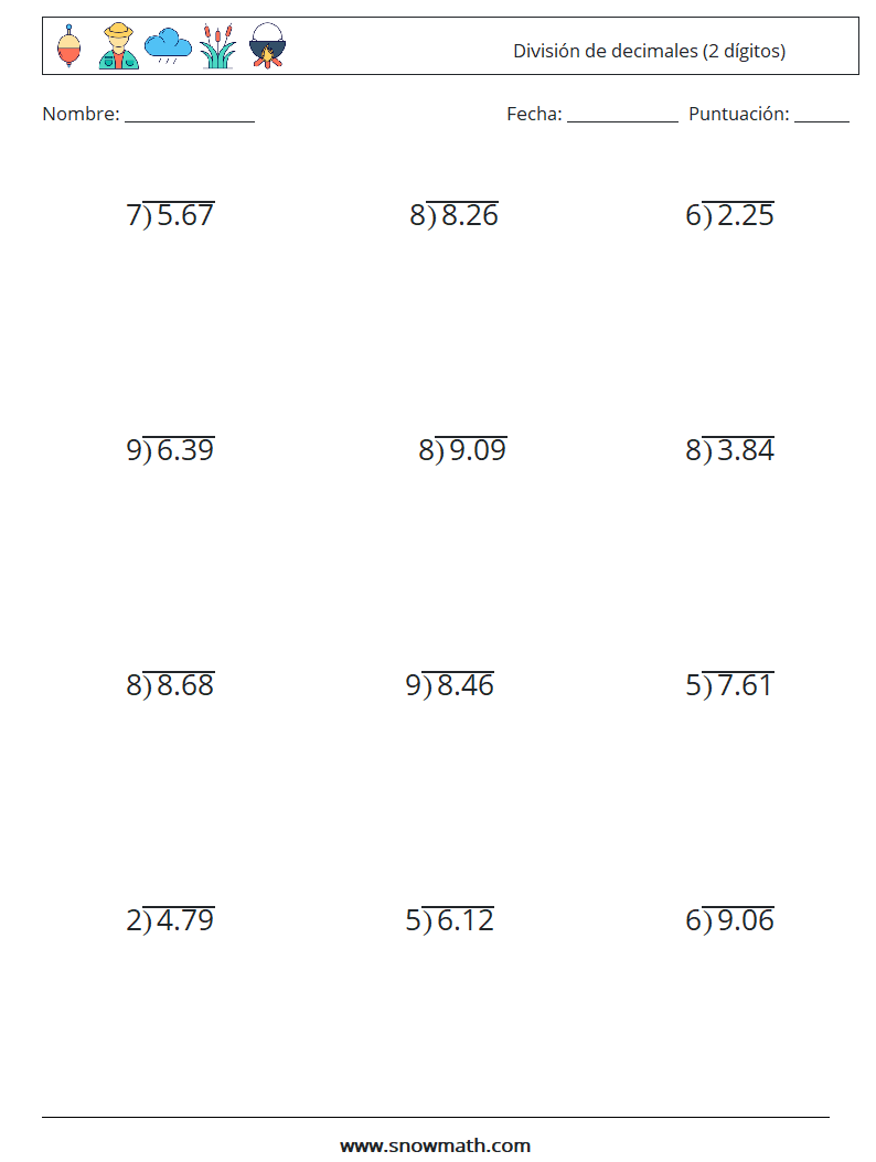 (12) División de decimales (2 dígitos) Hojas de trabajo de matemáticas 2