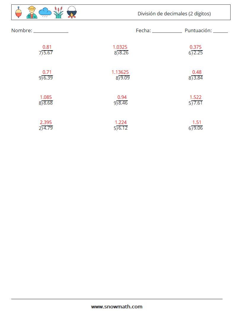 (12) División de decimales (2 dígitos) Hojas de trabajo de matemáticas 2 Pregunta, respuesta