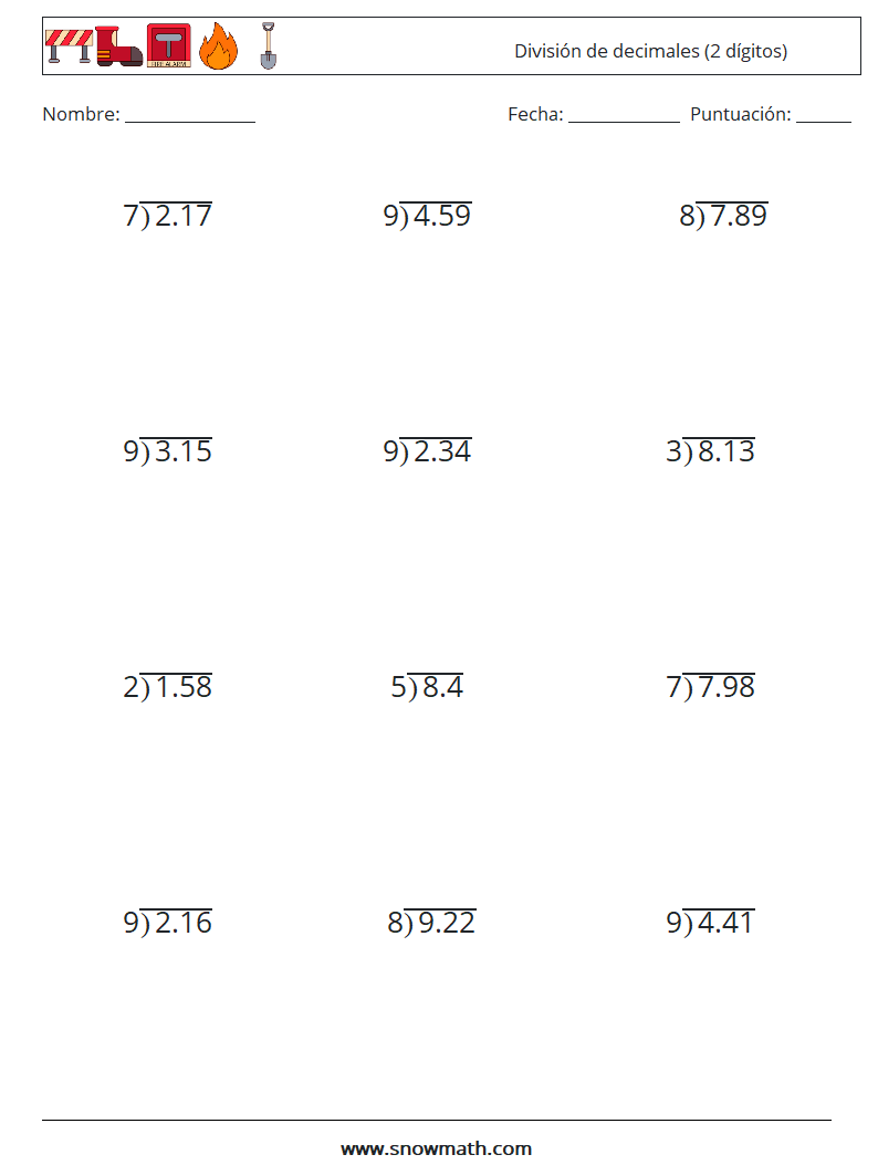 (12) División de decimales (2 dígitos) Hojas de trabajo de matemáticas 4