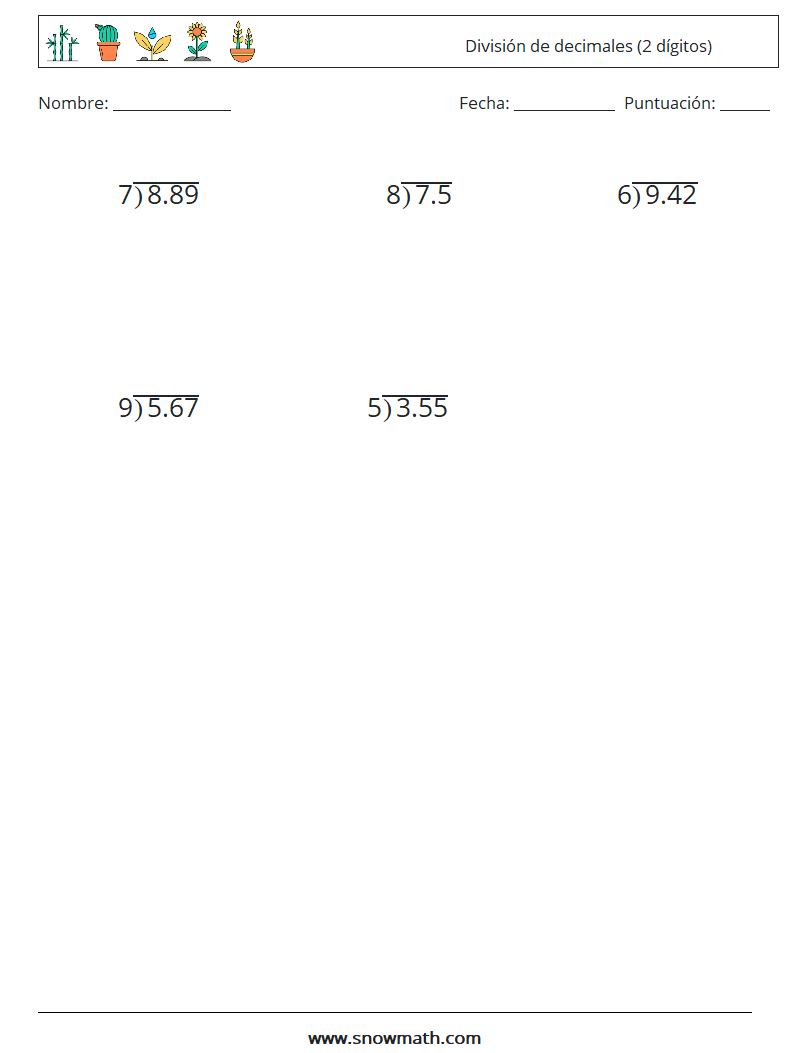 (12) División de decimales (2 dígitos) Hojas de trabajo de matemáticas 5