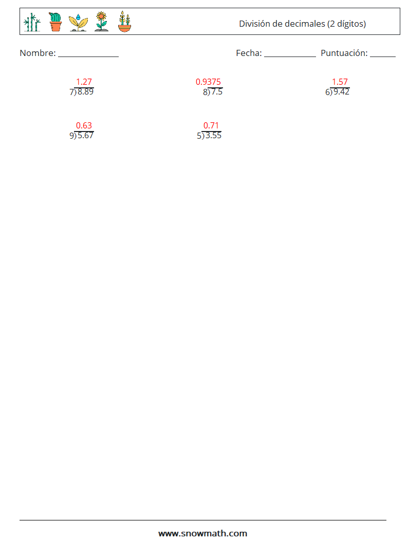 (12) División de decimales (2 dígitos) Hojas de trabajo de matemáticas 5 Pregunta, respuesta