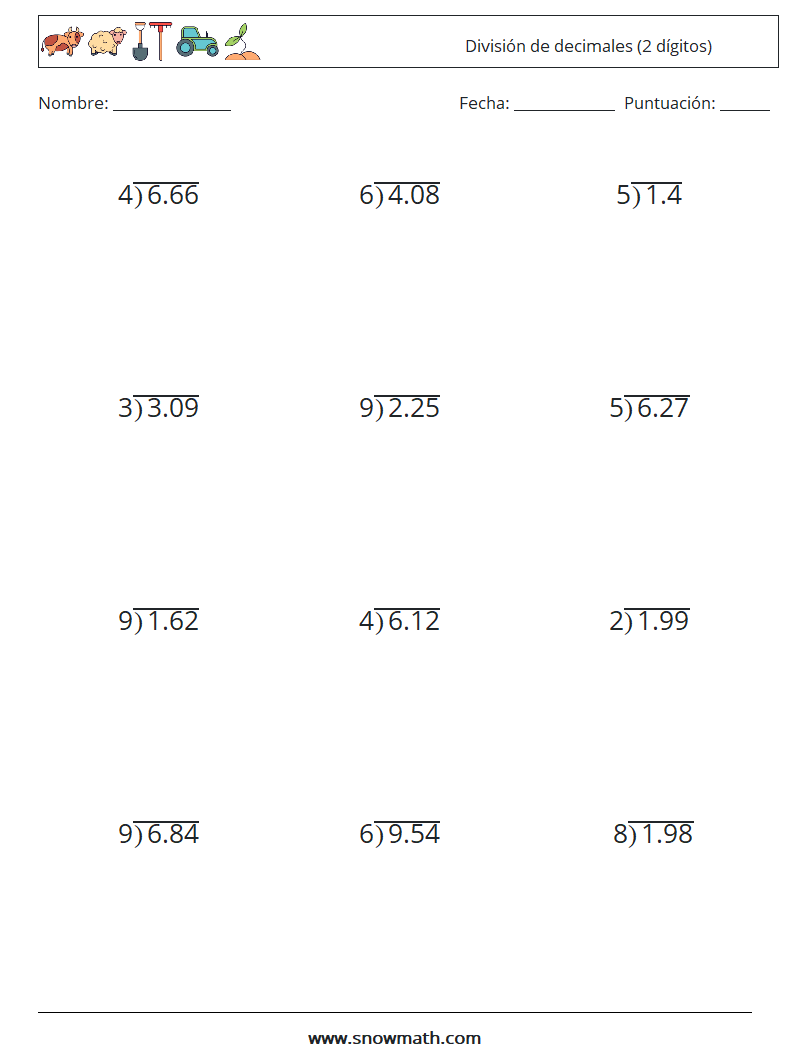 (12) División de decimales (2 dígitos) Hojas de trabajo de matemáticas 6