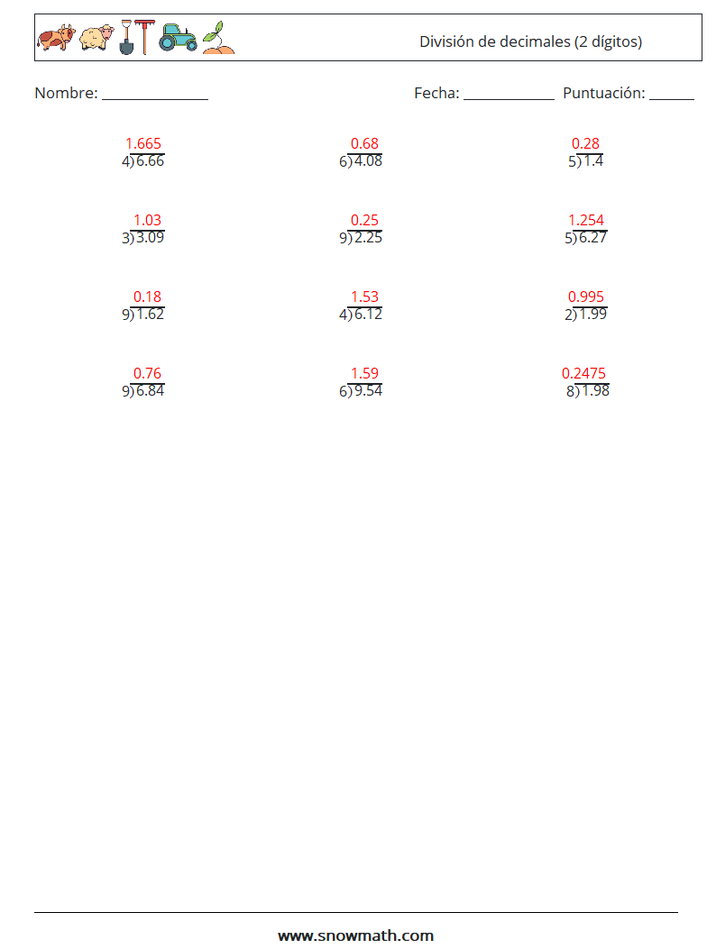 (12) División de decimales (2 dígitos) Hojas de trabajo de matemáticas 6 Pregunta, respuesta