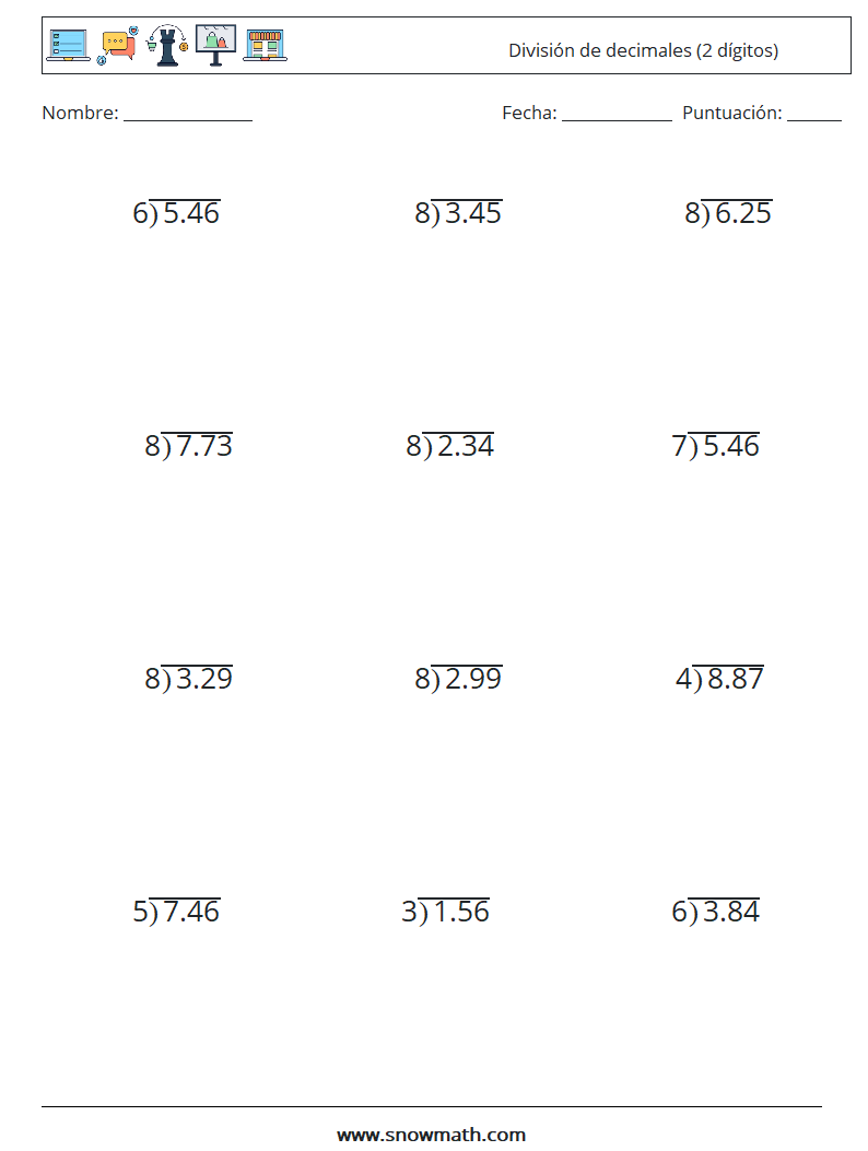 (12) División de decimales (2 dígitos) Hojas de trabajo de matemáticas 7