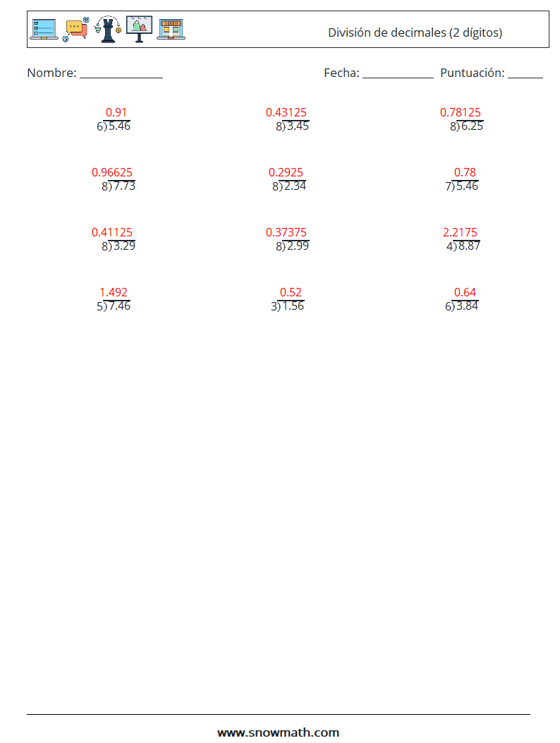 (12) División de decimales (2 dígitos) Hojas de trabajo de matemáticas 7 Pregunta, respuesta