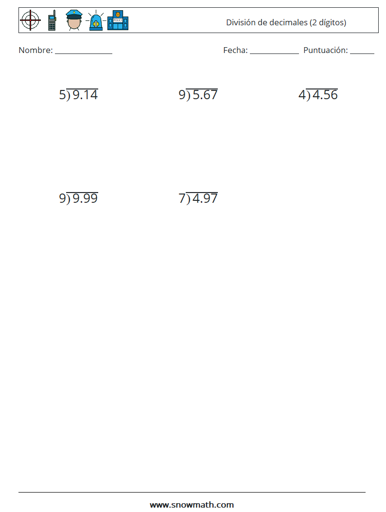 (12) División de decimales (2 dígitos) Hojas de trabajo de matemáticas 8