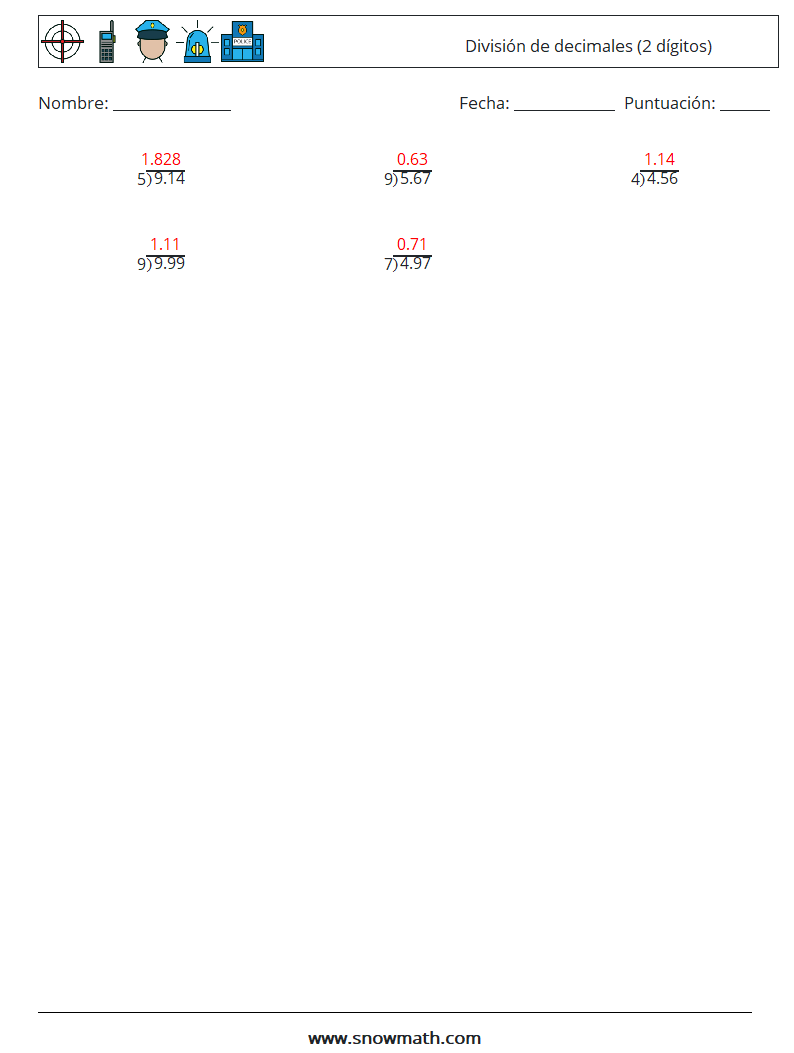 (12) División de decimales (2 dígitos) Hojas de trabajo de matemáticas 8 Pregunta, respuesta