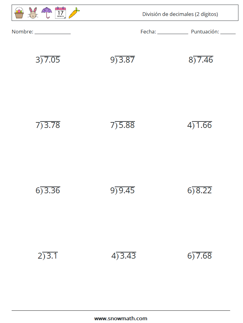 (12) División de decimales (2 dígitos) Hojas de trabajo de matemáticas 9