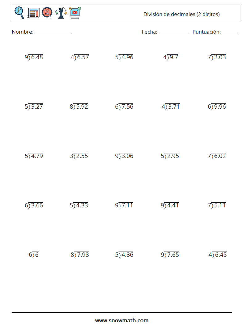 (25) División de decimales (2 dígitos) Hojas de trabajo de matemáticas 1