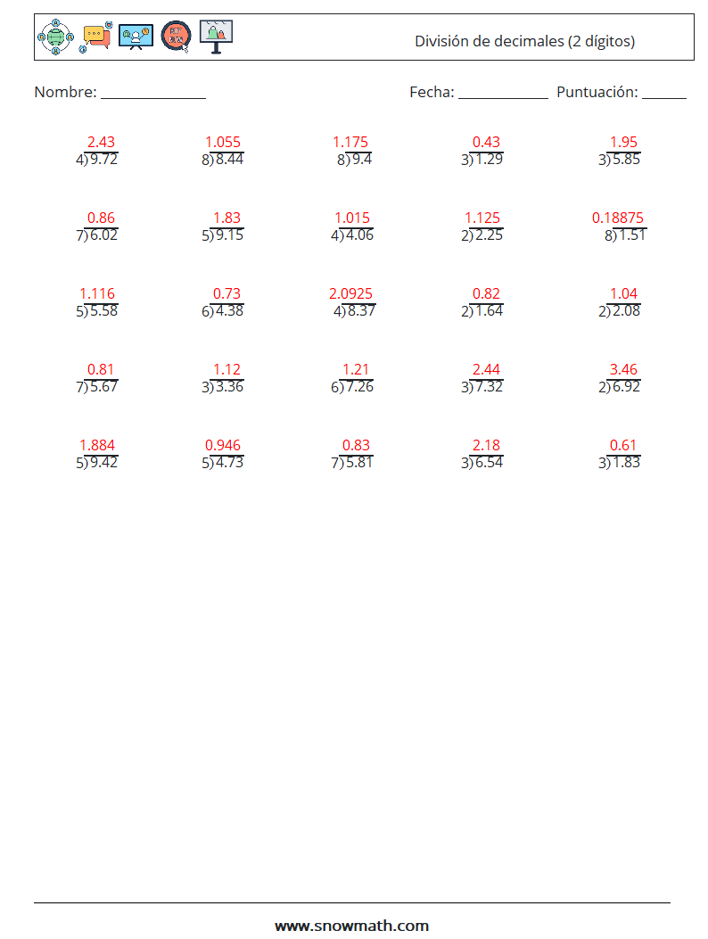 (25) División de decimales (2 dígitos) Hojas de trabajo de matemáticas 11 Pregunta, respuesta