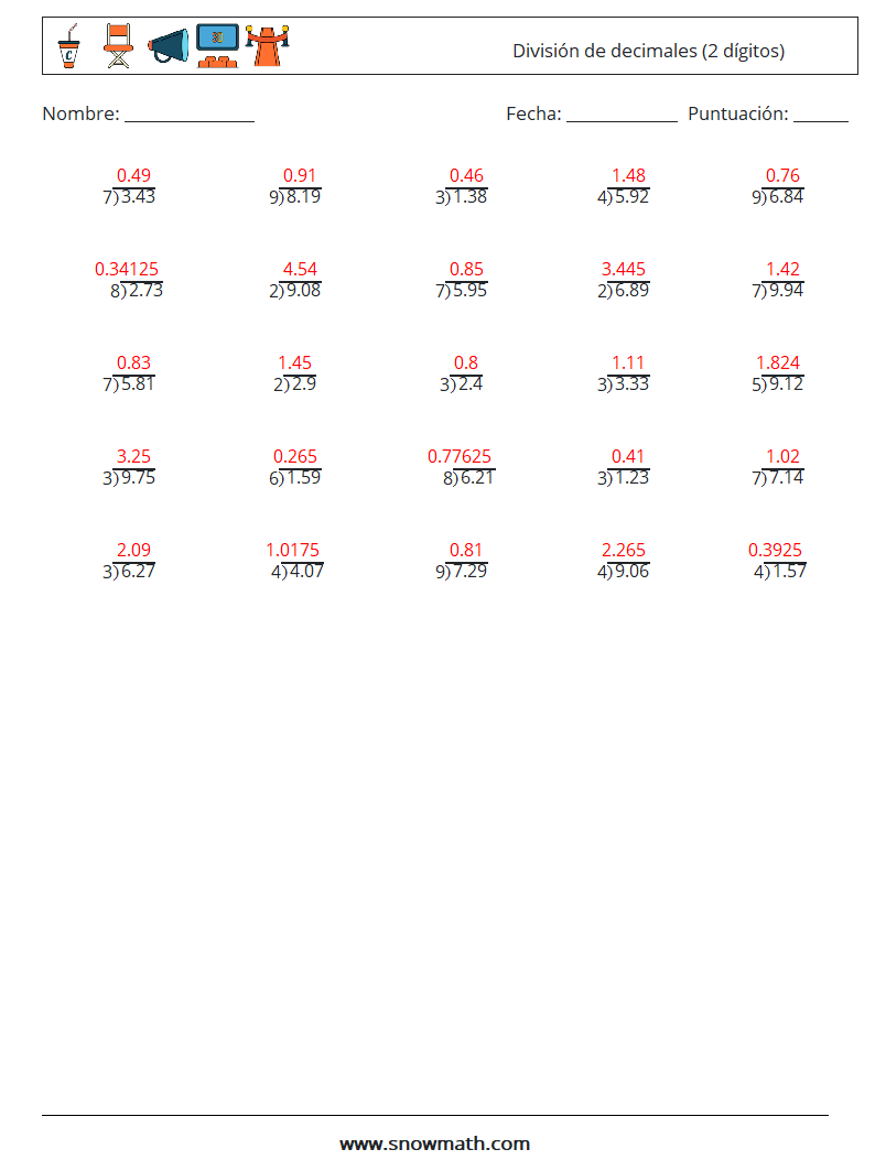 (25) División de decimales (2 dígitos) Hojas de trabajo de matemáticas 12 Pregunta, respuesta
