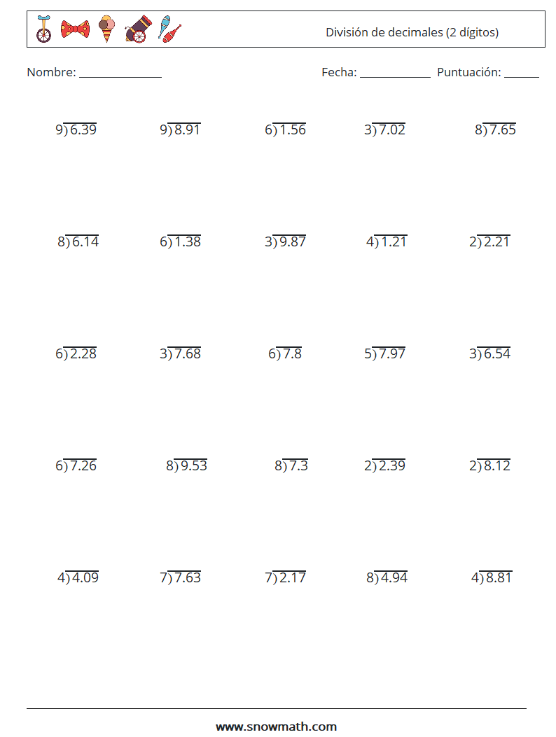 (25) División de decimales (2 dígitos) Hojas de trabajo de matemáticas 13