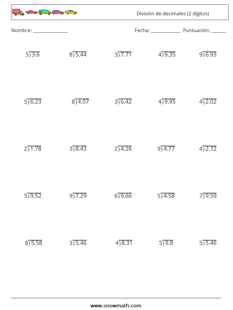 (25) División de decimales (2 dígitos) Hojas de trabajo de matemáticas 14