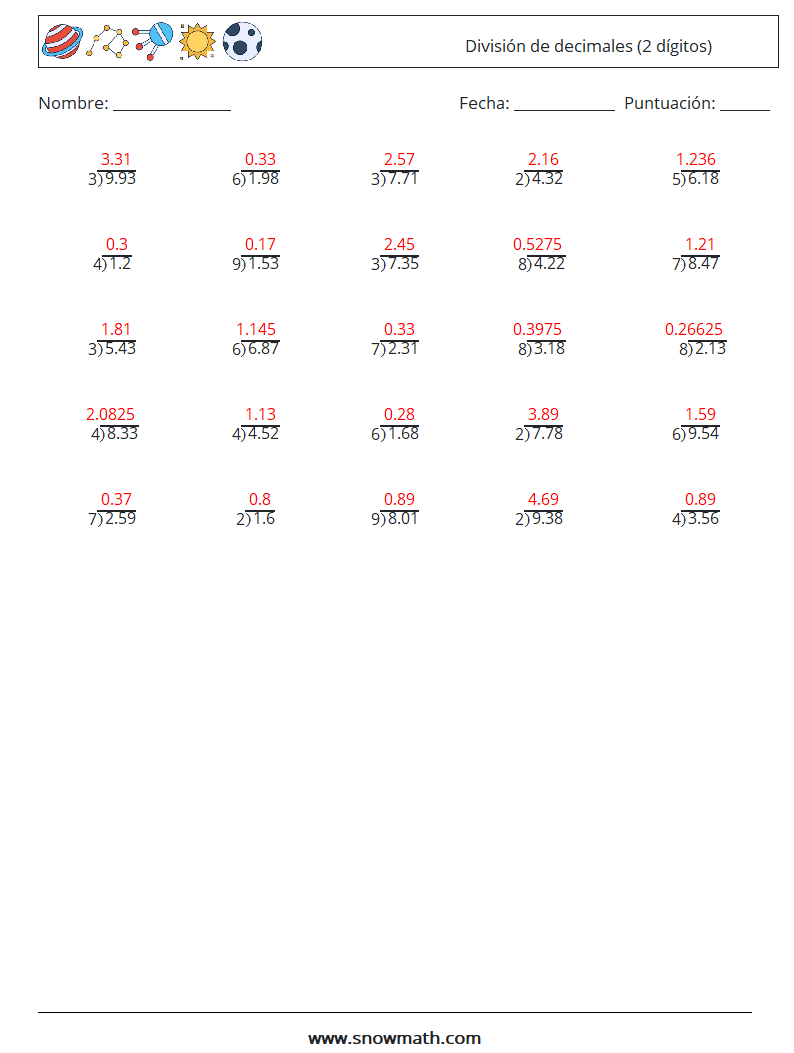 (25) División de decimales (2 dígitos) Hojas de trabajo de matemáticas 18 Pregunta, respuesta