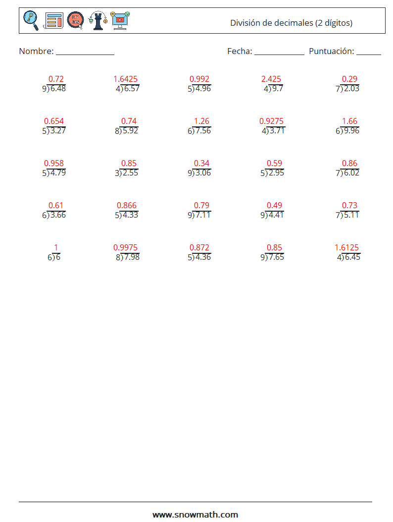 (25) División de decimales (2 dígitos) Hojas de trabajo de matemáticas 1 Pregunta, respuesta