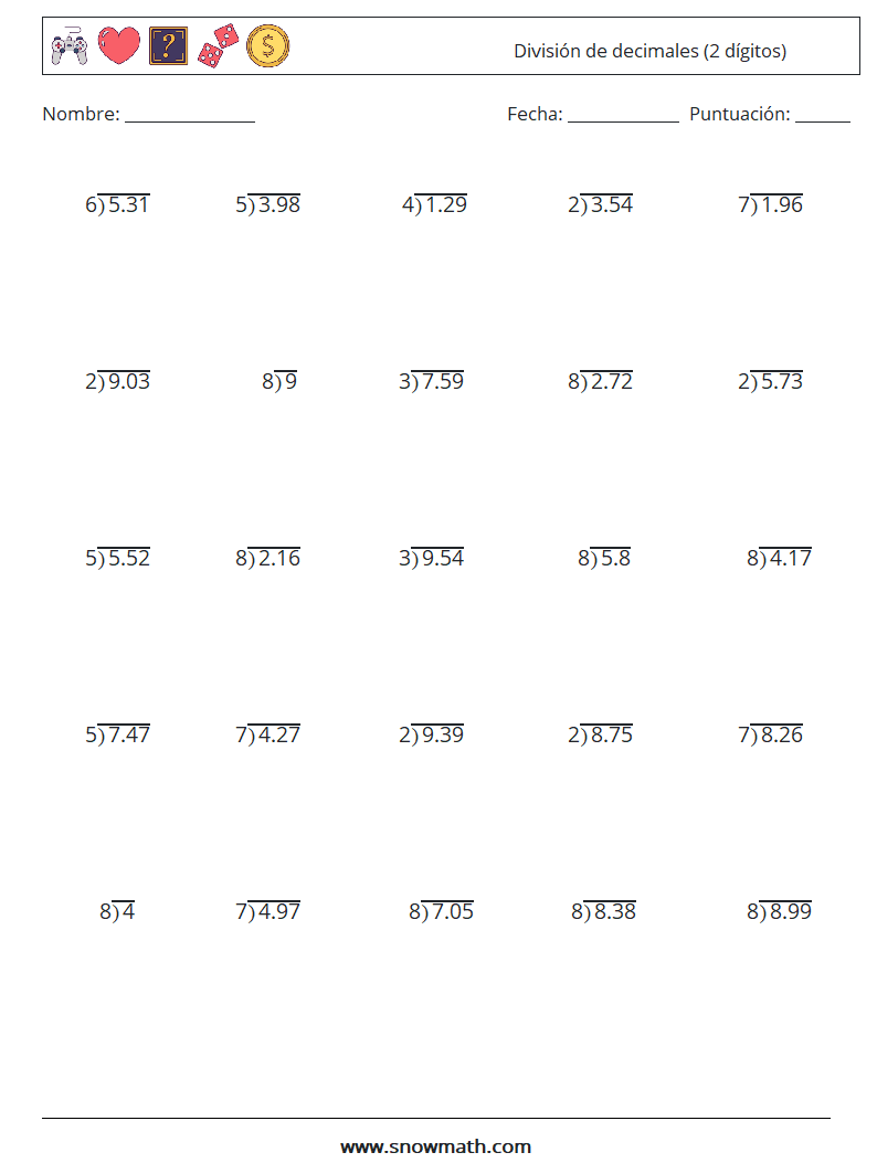 (25) División de decimales (2 dígitos) Hojas de trabajo de matemáticas 2