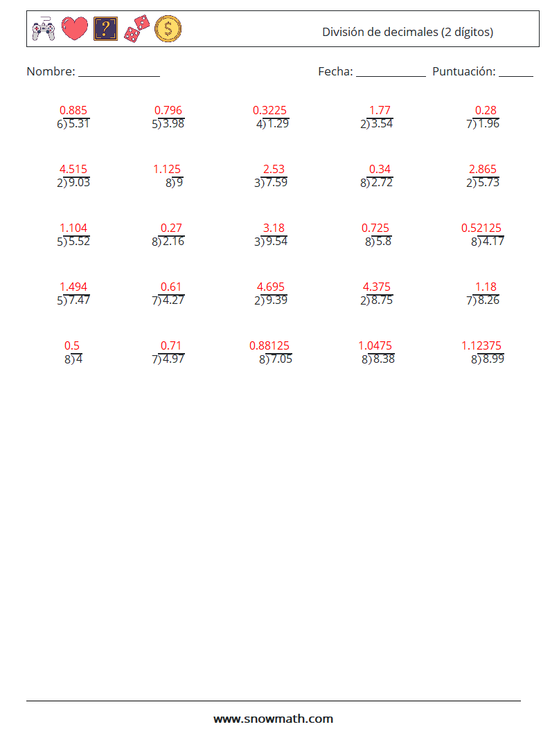 (25) División de decimales (2 dígitos) Hojas de trabajo de matemáticas 2 Pregunta, respuesta