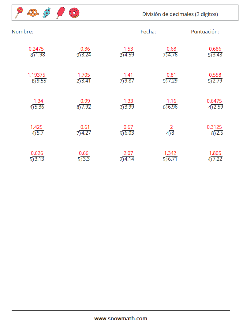 (25) División de decimales (2 dígitos) Hojas de trabajo de matemáticas 3 Pregunta, respuesta